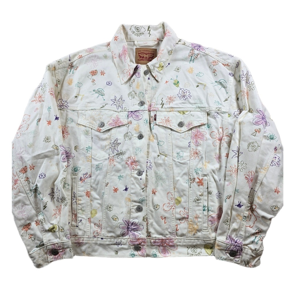 Levi's Doodle Queen Floral Trucker Jacket Womens XL White Cotton 90s Pocket